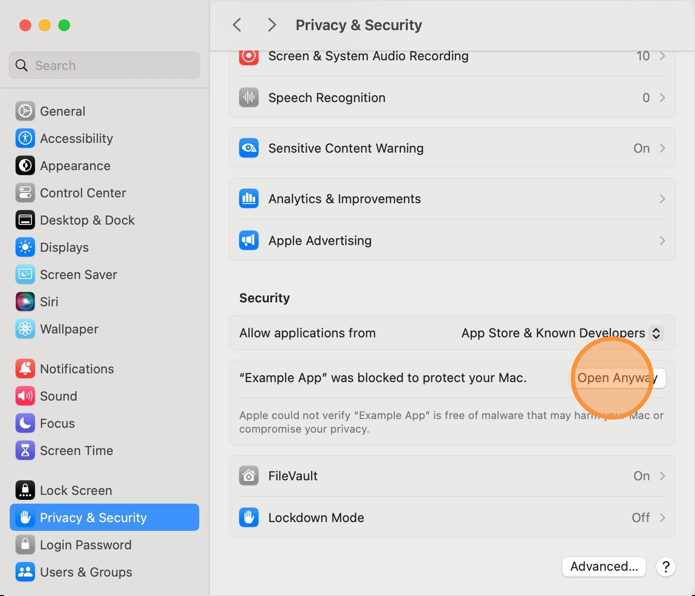 Mac Security settings Open Anyway option