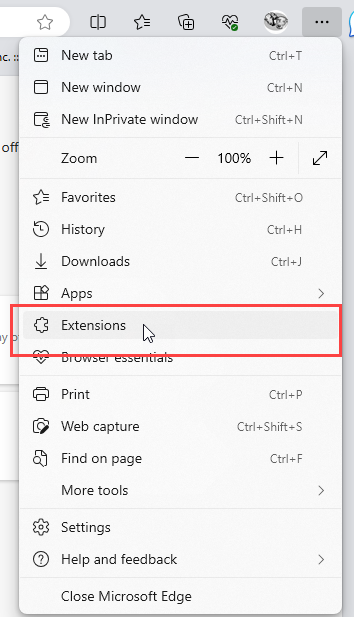 Edge Settings and more menu with Extensions highlighted