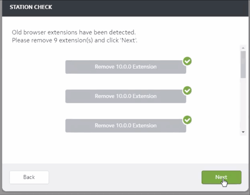 All old extensions removed with the Next button enabled